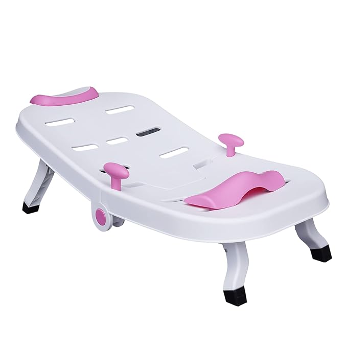 Adjustable Children's Shampoo Chair is Suitable for 0-5 Years Old Bath Seat Bathtub Household Foldable Moisture-Proof Clothes Design (Pink+White)