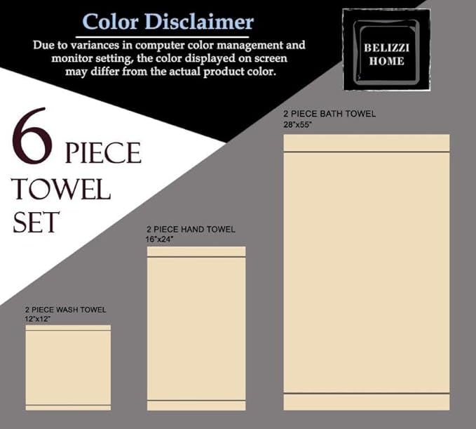 Belizzi Home 100% Cotton Ultra Soft 6 Pack Towel Set, Contains 2 Bath Towels 28x55 inchs, 2 Hand Towels 16x24 inchs & 2 Washcloths 12x12 inchs, Compact Lightweight & Highly Absorbant - Black