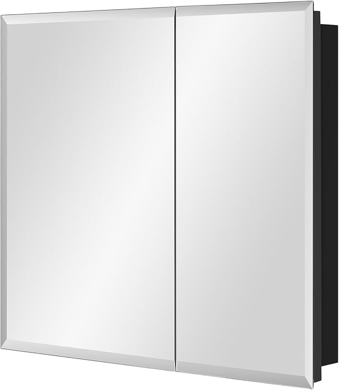 Black Bathroom Medicine Cabinet with Beveled Edge Mirrored Door 30 x 26 inch, Recessed or Surface Mount, with Adjustable Glass Shelves