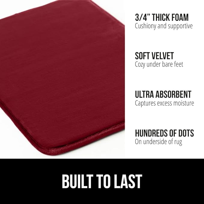 GORILLA GRIP Memory Foam Bath Mat, Soft Absorbent Velvet Bathroom Mats, Durable Dots on Underside, Machine Washable Bathmat, Carpet Rug Room Decor for Shower Tub Floor RV, 24x17 Rugs, Burgundy