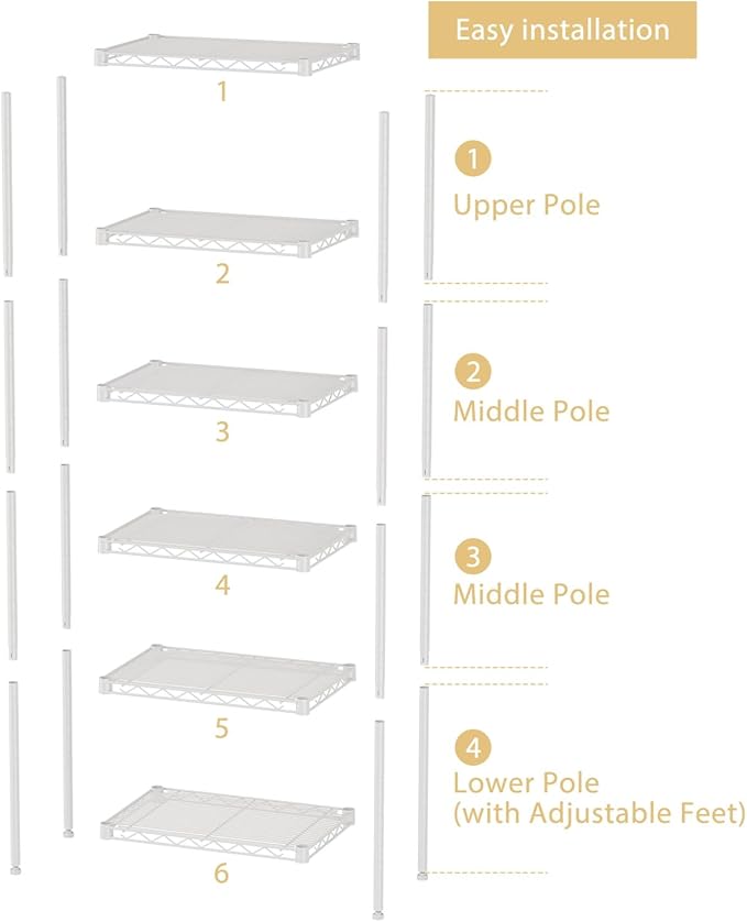 SINGAYE 6 Shelves Storage Shelf Wire Closet Bathroom Organizers Metal Pantry Kitchen Small Garage Shelving Unit Laundry Room Organization Home Narrow Rack Net Basket with Wheels White