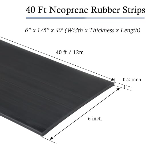 Neoprene Rubber Strips Self Adhesive Solid Rubber Sheets, Rolls & Strips for DIY Gaskets Crafts Pads Seals Warehouse Flooring Neoprene Sheet with Adhesive Backing (6" Wide x 1/5" Thick x 40' Long)