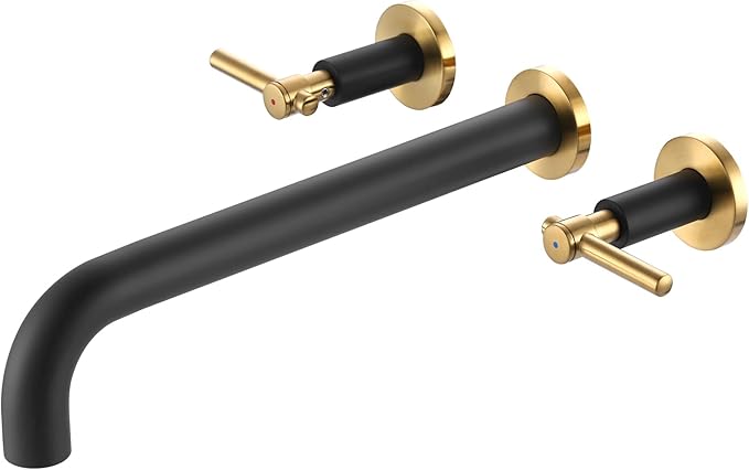 Wall Mount Tub Filler Bath Tub Faucet High Flow Bathtub Faucets Two Handles Solid Brass, 12" Long Spout Reach, Black Gold
