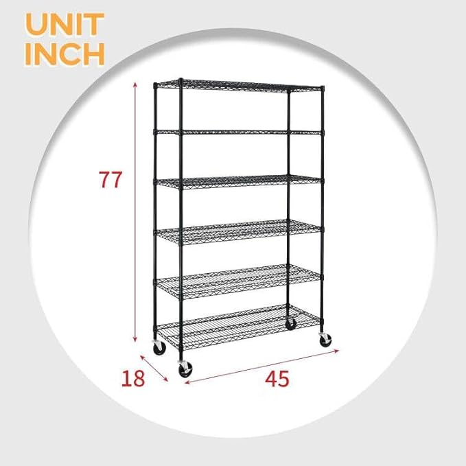 BestOffice Storage Shelves 6 Tier Metal Shelves Adjustable Heavy Duty Garage Shelving Wire Shelving Unit Capacity 6000LBS with Wheels for Kitchen, Garage Pantry Closet Commercial,Black