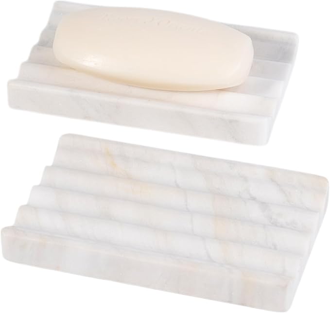 2 Pcs Soap Holder for Bathroom, Marble Soap Dish for Kitchen Countertop, Soap Tray Draining with Creative Wavy Design, Bar Soap Saver for Bath Tub, Sponges, Italian Natural Stone(Agiax)