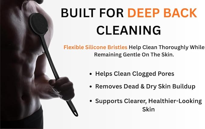 ARK Silicone Scrubber for Shower, 17 in Lengthened Long Handle Body Brush, Double Sided deep Cleaning & Massaging Shower Scrubber, Rich Foam Producer for Men & Women.