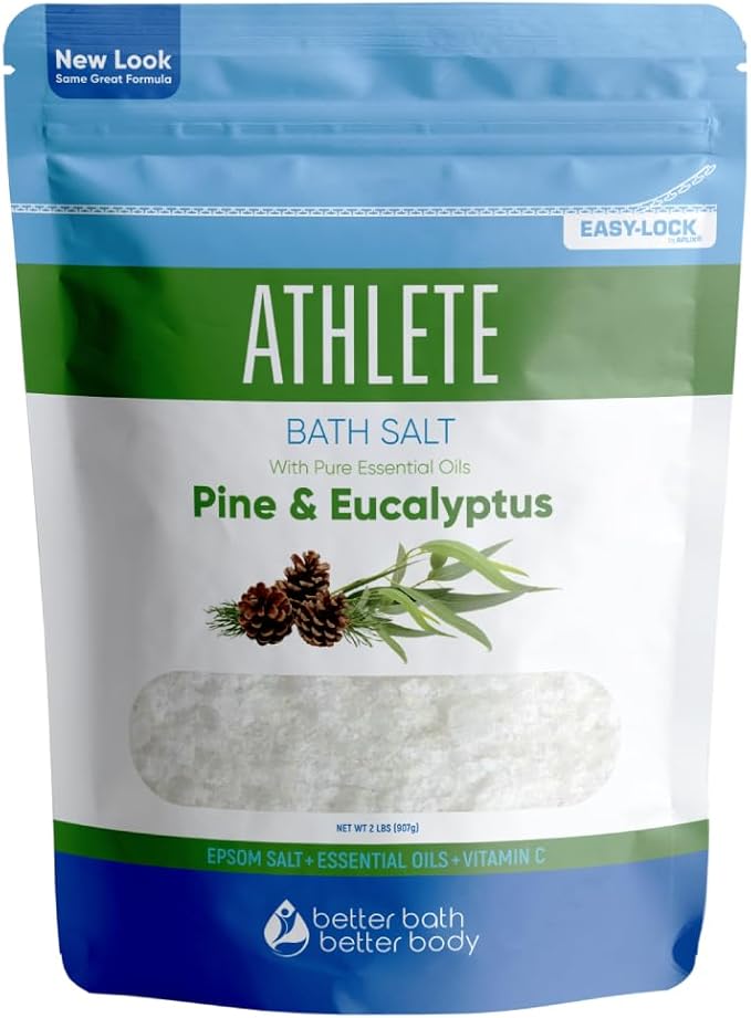 Athlete Bath Salt 32 Ounces Epsom Salt with Natural Lavender, Pine, Peppermint and Eucalyptus Essential Oils Plus Vitamin C in BPA Free Pouch with Easy Press-Lock Seal