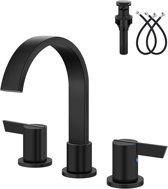 Aolemi Bathroom Faucets 3 Hole,8 Inch Widespread Waterfall Bathroom Sink Faucet,2 Handles Vanity Faucet with Pop-up Drain and Supply Hose,Matte Black