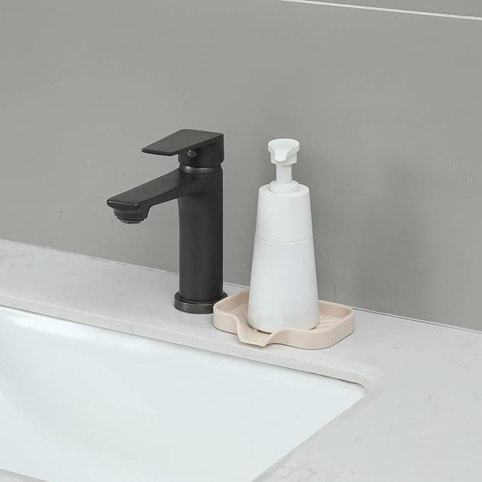 Silicone Bathroom Soap Dishes with Drain Spout-Bathroom and Kitchen Sink Organizer,Sponge Holder,Dish Soap Tray,Perfect for Dispenser,Scrubber,Bottle,Cup on Sink or Counter-Tapioca 4.9"×3.2"