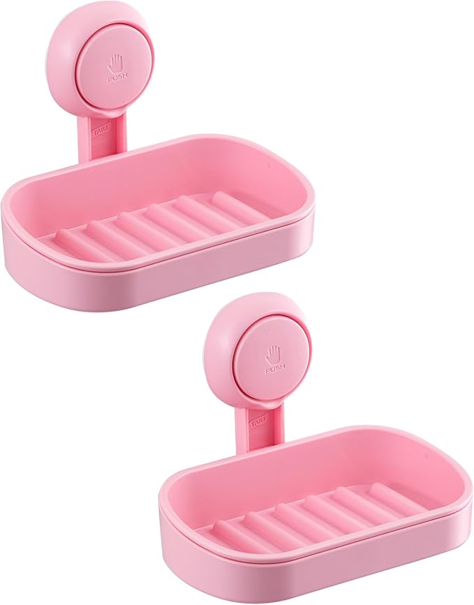 TAILI Soap Dish Bar Holder Suction Cup,SoapSaver with Powerful Vacuum Suction,Sponge Holder for Shower,Bathroom,Tub andKitchen Sink,Universal Shower Accessories,Drill-Free,Removable,2 Pack,Pink