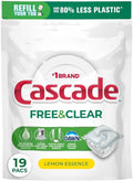 Cascade Free & Clear Dishwasher Pods, Dishwasher Detergent, Dish Detergent Soap, Lemon Essence, 19 Count