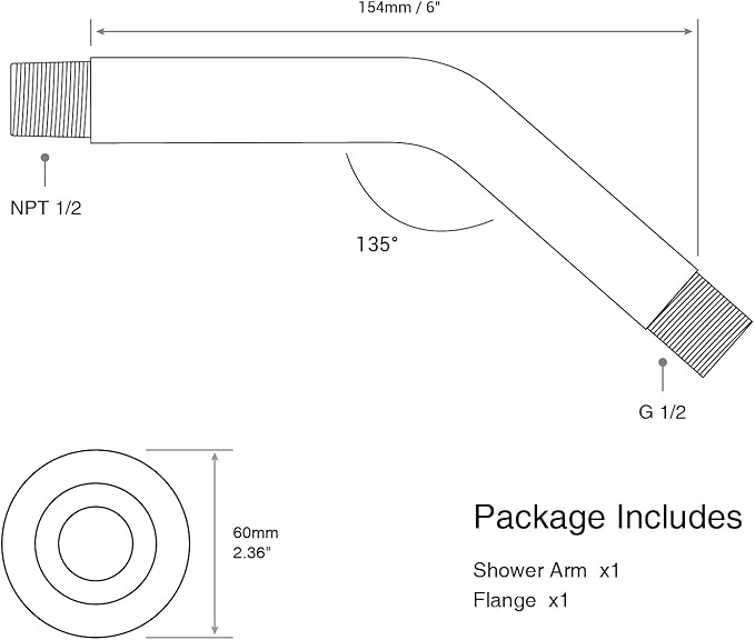 6 Inch Brushed Gold Angled Shower Arm with Flange, Stainless Steel Curved Shower Head Pipe Wall Mounted Extension Shower Neck Rain Rod