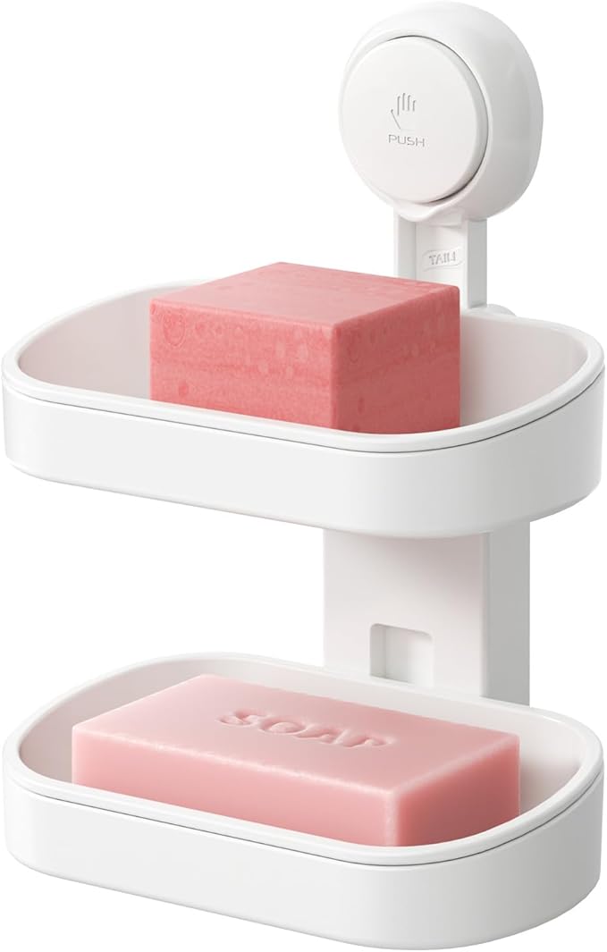 TAILI Double Layer Soap Dish Suction Cup Soap Holder, Strong Sponge Holder for Shower, Bathroom, Tub and Kitchen Sink, Drill-Free, Removable