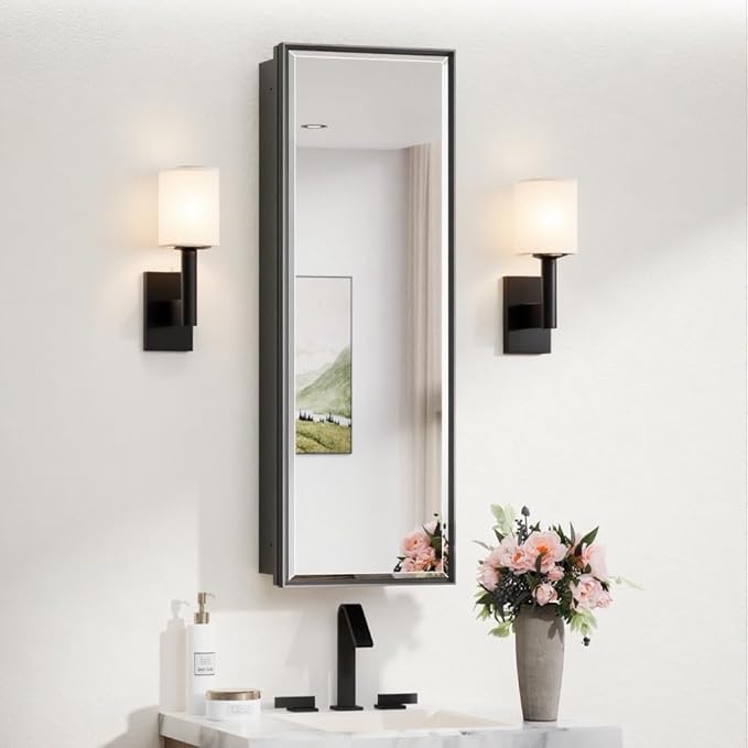 TokeShimi 12x36 Recessed Medicine Cabinet with Mirror Surface Mount, Aluminum Framed Metal Black Medicine Cabinet Mirrored, Bathroom Beveled Mirror with Storage Adjustable