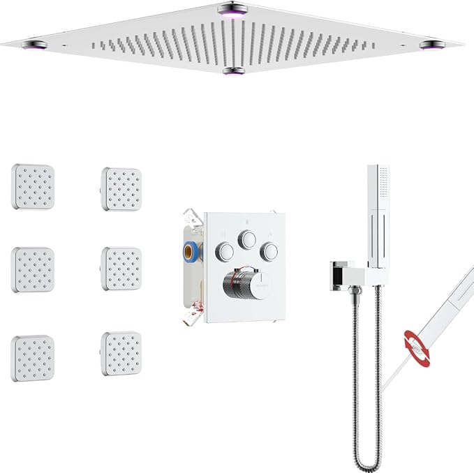 VANFOXLE Temperature Shower Faucet Set Chrome Shower System, Push Button Diverter Shower Faucet with 2 In 1 Handheld, 16 Inch LED Shower Head, 6 PCS Body Jets
