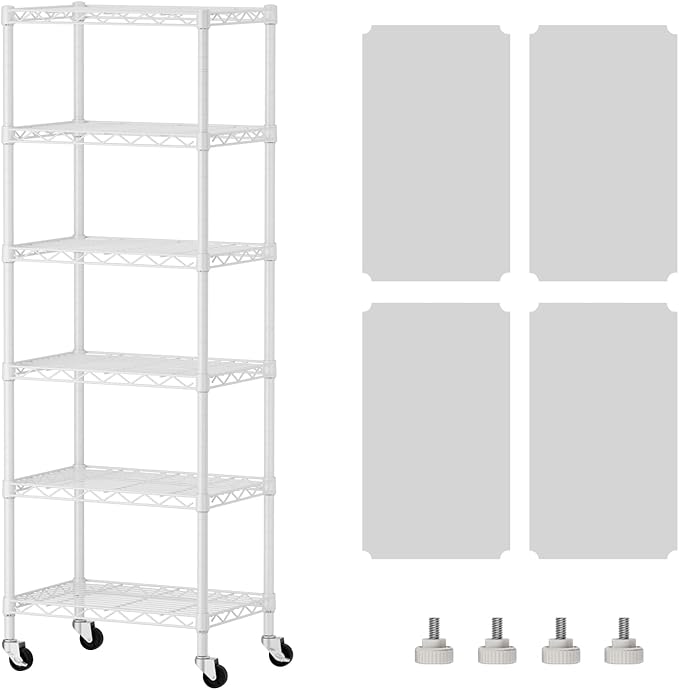 SINGAYE 6 Shelves Storage Shelf Wire Closet Bathroom Organizers Metal Pantry Kitchen Small Garage Shelving Unit Laundry Room Organization Home Narrow Rack Net Basket with Wheels White