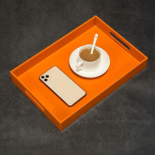 Orange Sturdy Acrylic Serving Tray with Handles-10x15Inch-Serving Coffee,Food,Breakfast,Butler-Kitchen Countertop Tray-Makeup Drawer Organizer-Vanity Table,Ottoman Tray-Decorative Tray