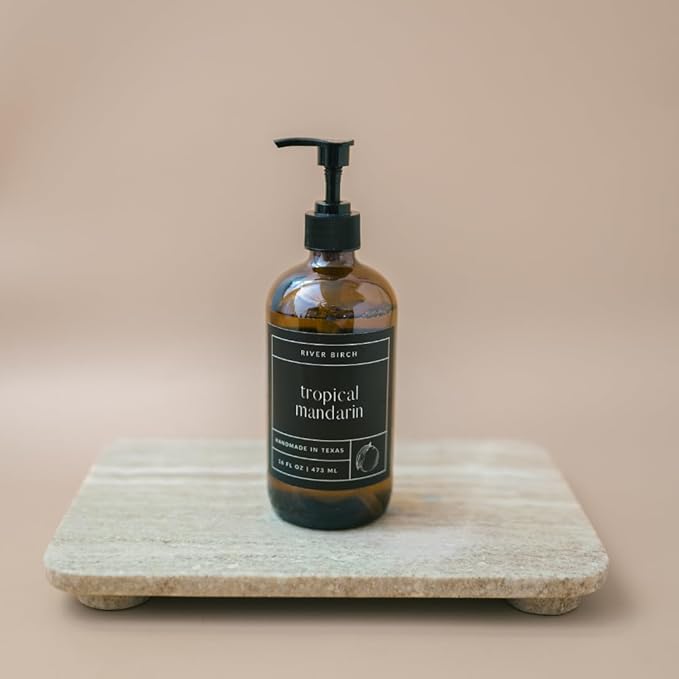 River Birch Tropical Mandarin Scented Natural Hand Soap - Handmade Soap - Moisturizing Hand Wash with Amber Glass Dispenser - Luxury Scented and Hydrating - Vegan and Non-Toxic - 16 Fl Oz