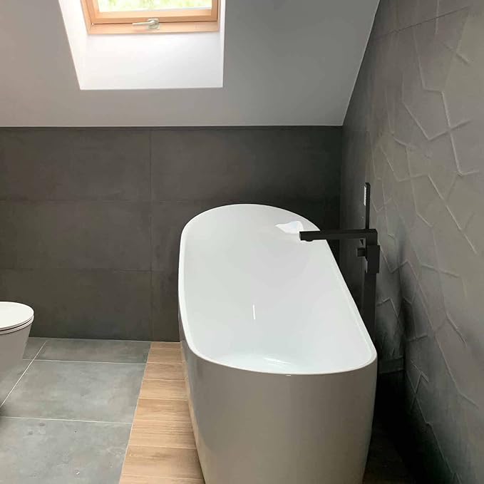 KIBI Cube Floor Mount Tub Filler with Hand Shower in Matte Black | Solid Brass Single Handle Freestanding Bathtub Faucet with 360° Swivel Spout, Modern Bath Faucet for Tub and Shower (KTF302MB)