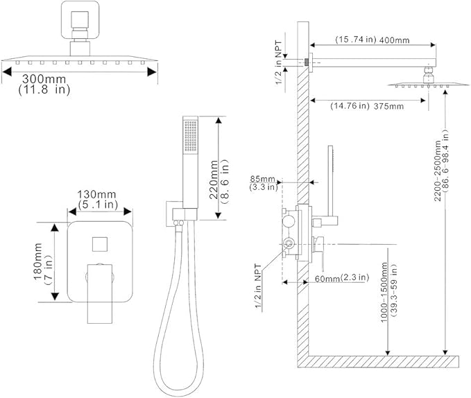 Shower Faucet Set Complete, Wall Mount Shower System for Bathroom 12 Inch High-Pressure Rainfall Shower with Handheld, Rough-in Valve Body and Trim Kit, Polished Chrome