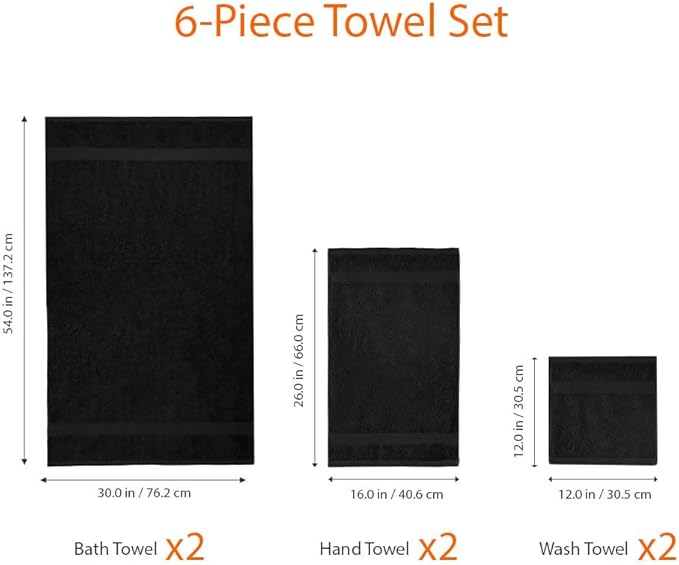 Amazon Basics 6 Piece Oversized Fade resistant Towel set, 100% Cotton towels for bathroom, soft and absorbent, 2 Bath Towels, 2 Hand Towels and 2 Washcloths bathroom towel set, Black