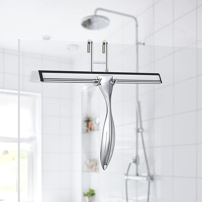 Shower Squeegee Set, 10-Inch Stainless Steel Squeegee for Bathroom, Shower Doors, Mirrors, Tiles, and Car Windows - 100% Streak Free, Includes Shower Door Hook, Adhesive Hook and Spare Silicone Blade