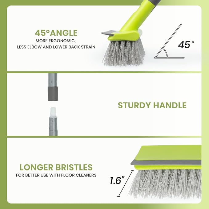 Floor Scrub Brush 2 in 1 Scrape and Stiff Bristle Deck Brush for Cleaning Concrete, Patio, Garage, Kitchen, Carpet and Bathroom 57" Long Handle