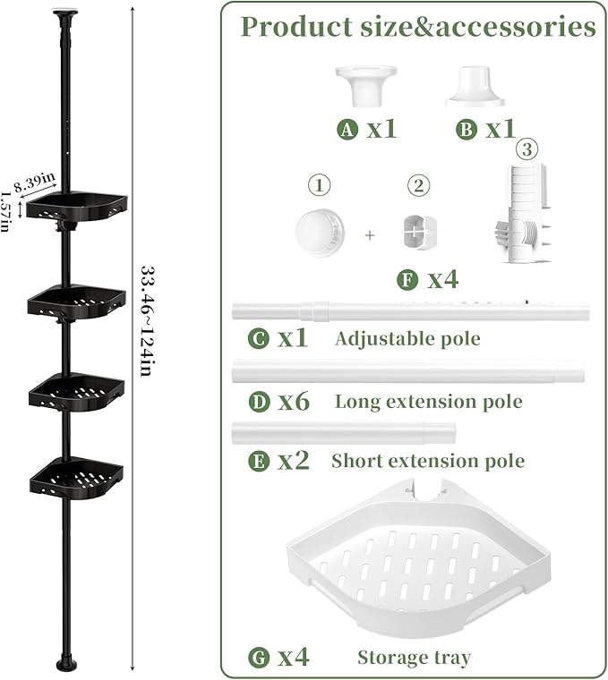 Tension Pole Shower Caddy Organizer with4 Tier L-Shaped Rust Resistant Bathroom Corner Shelves with 34-124 Inch Adjustable No Drilling Quick Install Shower Rack for Bath Essentials (Black)