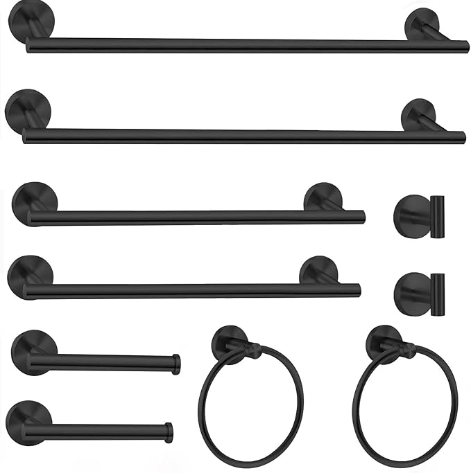 Cilee 10 Piece Matte Black Bathroom Hardware Set,2 Pack 5 Piece Bathroom Accessories Set Include 24 inch,16 inch Toilet Paper Holder, Towel bar,Towel Ring,Towel Hook,Stainless Steel Wall Mounted