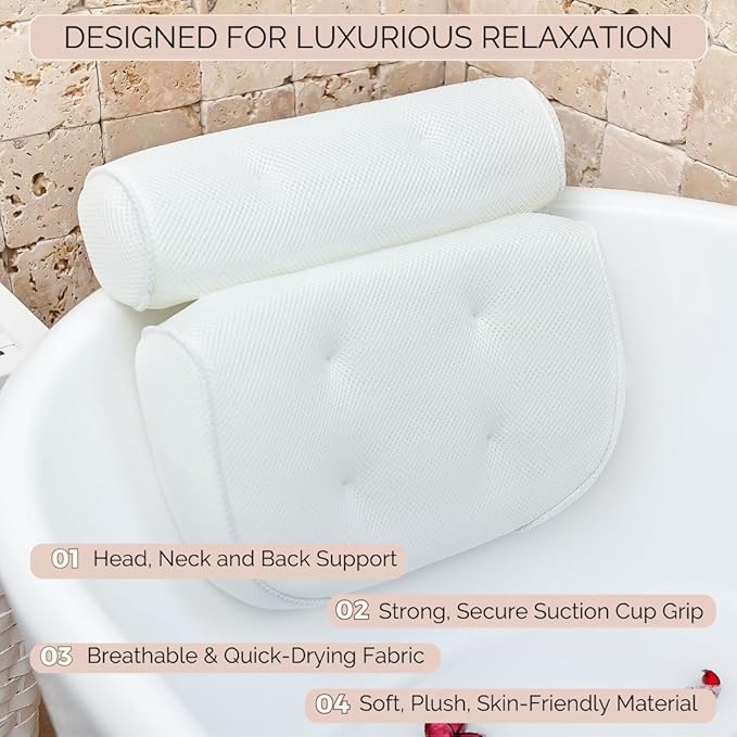 Bathtub Pillow for Neck and Shoulder - Spa Bath Pillows for Tub Neck and Back Support - Perfect Bath Accessories for Women - Relaxing Luxe Bath - Ideal Bath Gift Set for Women - Home Spa Products