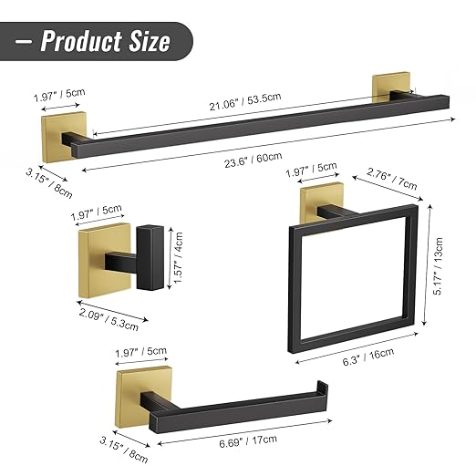 YACVCL 10-Piece Towel Bar Set,Black and Gold Bathroom Hardware Set, Black&Gold Bathroom Accessories Set, SUS304 Stainless Steel 23.6 Inch Towel Holder Towel Racks Set Wall Mounted