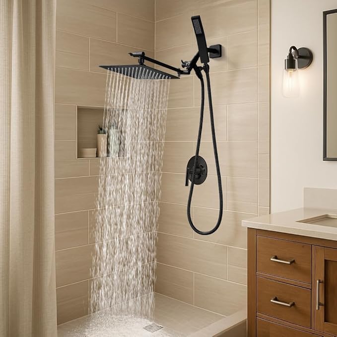 G-Promise All Metal 10" Dual Square Shower Head Combo | Rain Shower Head | Handheld Shower Wand | Adjustable | 3-Way Diverter | 71" Extra Long Hose - A Bathroom Upgrade (Matte Black)