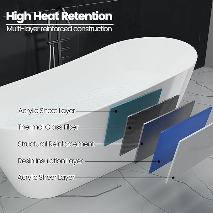 67" Free Standing Tub, Acrylic Freestanding Bathtub, Modern Soaking Tub with Integrated Overflow and Drain, White Bathroom Fixture, Stand Alone Bathtub, CUPC Certified