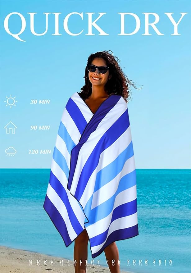 2 Pack Microfiber Lightweight Thin Beach Towel Sand Free Quick Dry Super Absorbent Large Towels for Swimming Pool Yoga Gym Travel Vacation Beach Accessories Essentials Stripes