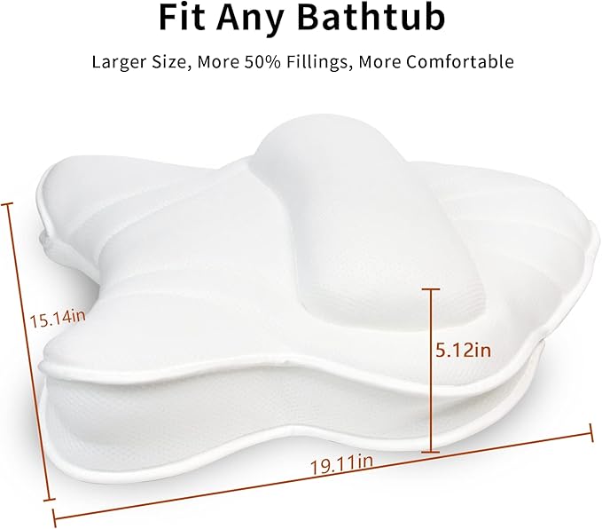 Extra Thick Large Bath Pillow with Neck,Back,Head Support for Bathtub, Spa, Soaking White(19''x15'')