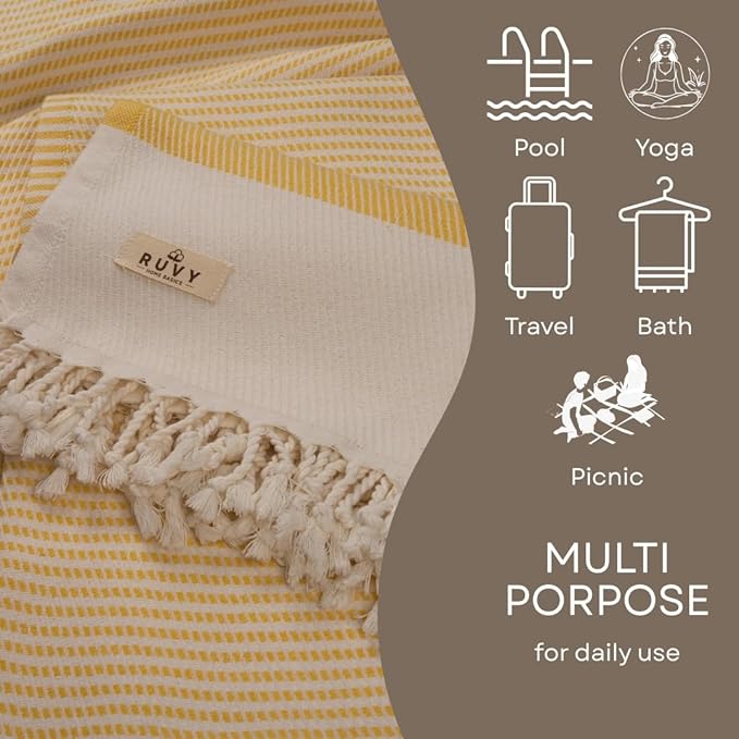 Ruvy Home Basics 2 Pack Turkish Beach Towels – Oversized Quick-Dry Bath Towels (40 x 72 Inches) – 100% Cotton Large Towels for Pool, Yoga, Travel, Camping Essentials, and Bathroom Decor - Yellow