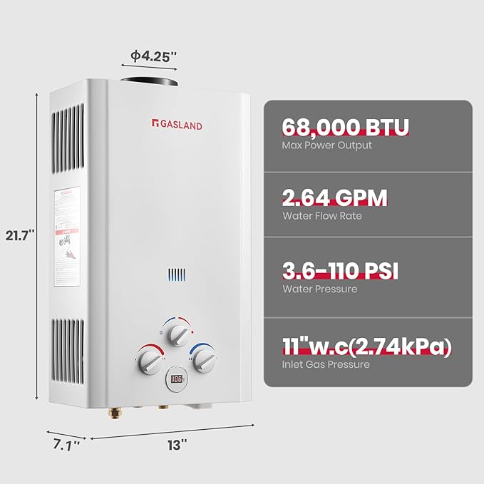 GASLAND BE264 Tankless Water Heater Propane 10L, 2.64GPM Outdoor Propane Shower for Camping & Off Grid, 68,000BTU, Digital Display, Overheating Protection, Easy Installation