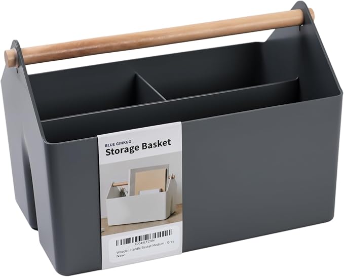 BLUE GINKGO Medium Storage Basket – Plastic Caddy with Wooden Handle for Office, Arts & Crafts, or Home Supplies (Gray)