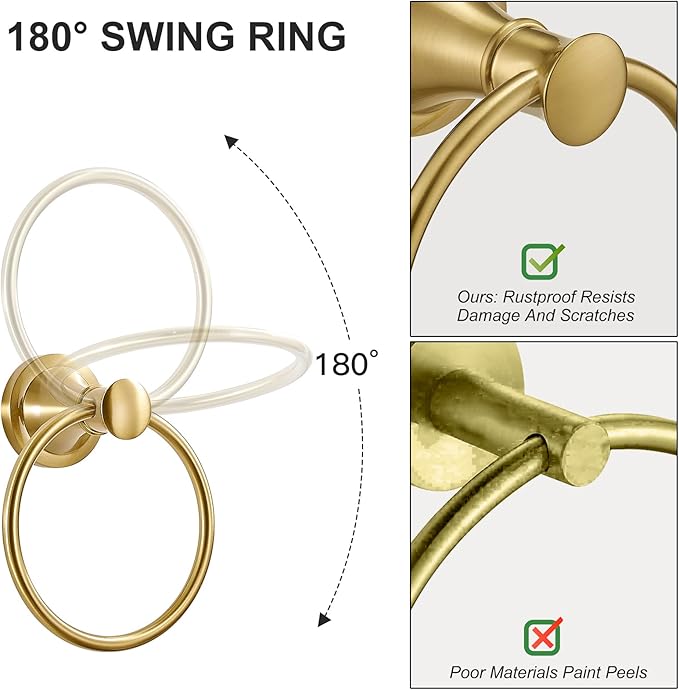 BESy Brushed Gold Bathroom Hand Towel Ring Towel Holder, Rustproof Wall Mounted Bathroom Hardware Accessory SUS 304 Stainless Steel Towel Rack