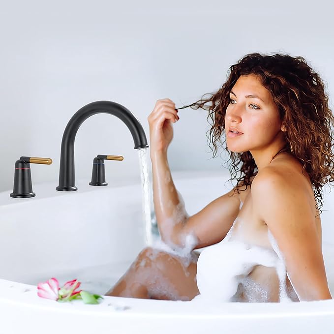 Black & Rose Gold Roman Bathtub Faucet Set with Valve High Flow 10.25 GPM Tub Faucets 3 Hole Widespread Deck Mount Tub Filler