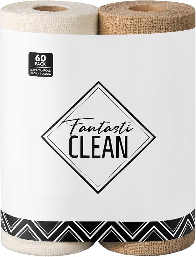 Fantasticlean Microfiber Cleaning Cloth Roll -60 Pack, Tear Away Microfiber Towels, 12" x 12", Reusable, Washable, Scratch Free, Ultra Absorbent Dishcloth for Car, Home Supplies (Beige & Tan)