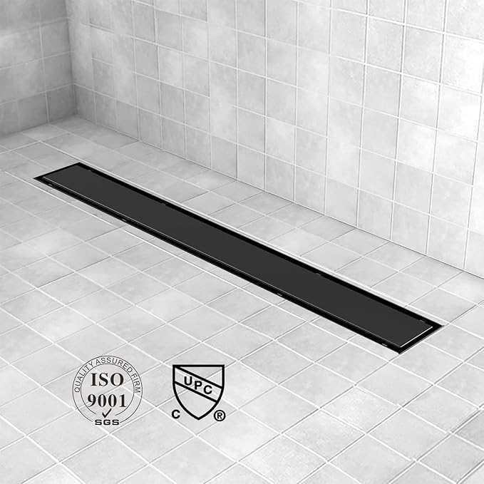 Linear Shower Drain, 28 inch Black Drain with Tile Insert 2-in-1 Panel, Brushed 304 Stainless Steel Shower Floor Drain, Linear Drain with Hair Strainer and Adjustable Feet