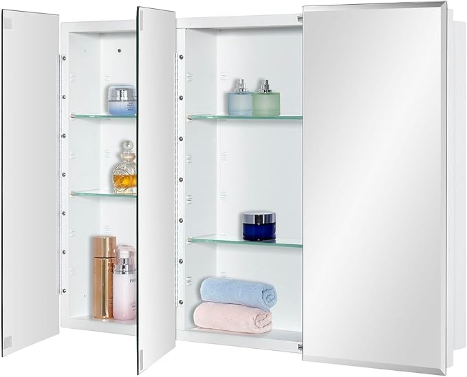 Bathroom Medicine Cabinet with Beveled Edge Mirrored Door 36 x 26 inch, Recessed or Surface Mount, with Adjustable Glass Shelves