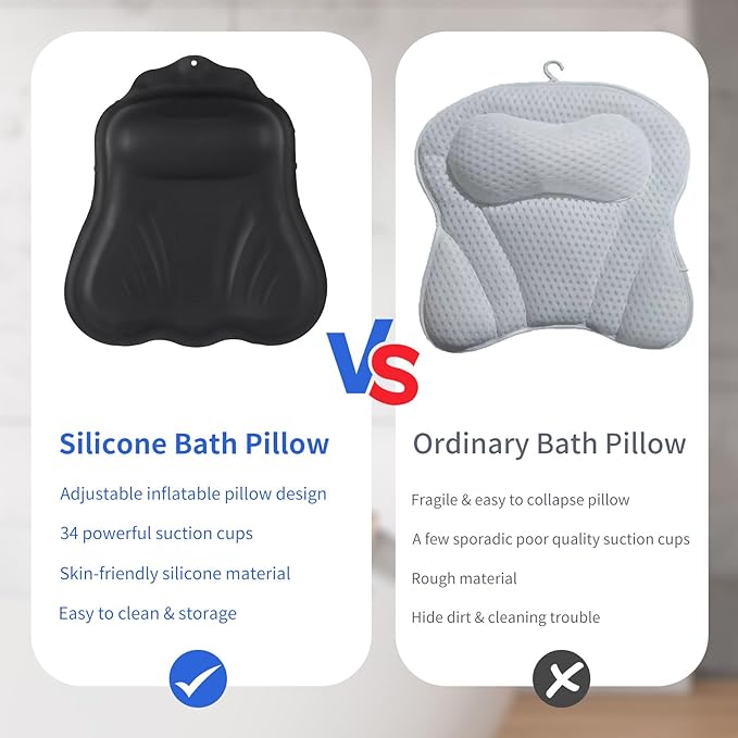Goowin Bath Pillows for Tub, New Generation Skin-Friendly Silicone Bath Pillow, Luxury Bathtub Pillow for Head and Neck, Powerful Suction Tub Pillow for Bathtub with Inflatable Airbag (Black)