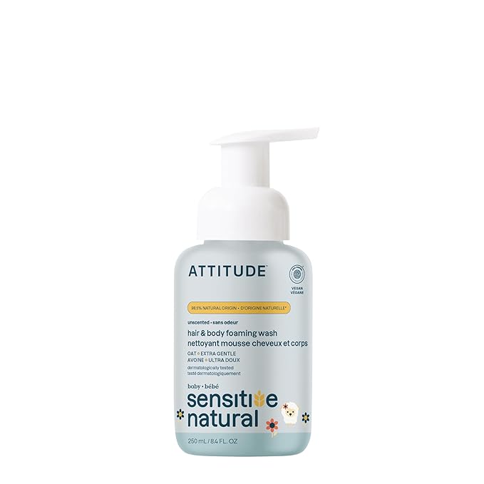 ATTITUDE 2-in-1 Shampoo and Body Wash for Baby, EWG Verified, Plant- and Mineral-Based Ingredients, Dermatologically Tested, Vegan Products for Sensitive Skin, Unscented, 8.4 Fl Oz
