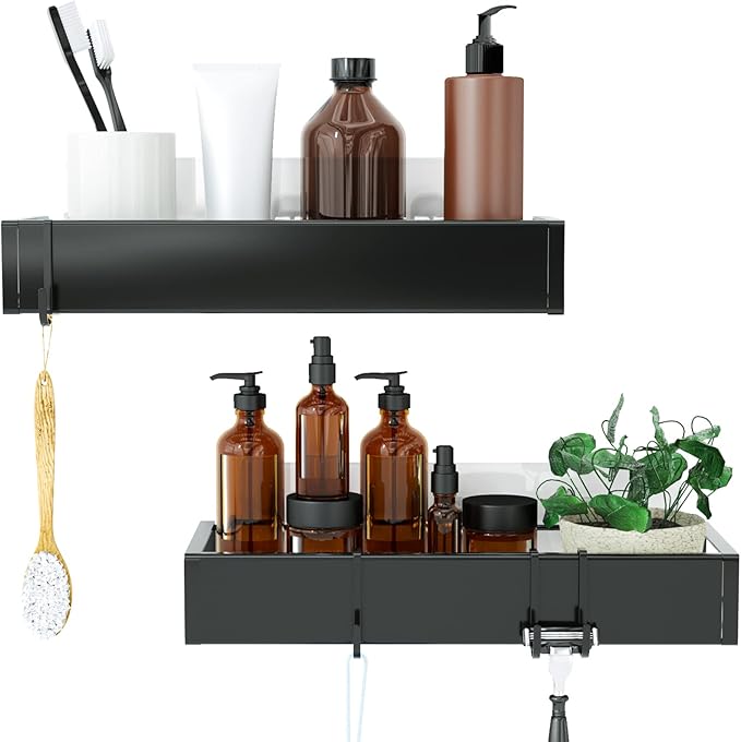 Shower Caddy, Adhesive Shower Organizer with Hooks, Shower Shelves for Inside Shower, No Drilling Shower Rack Holder, Shower Storage for Bathroom, Kitchen Spice Rack-2 Pack Black