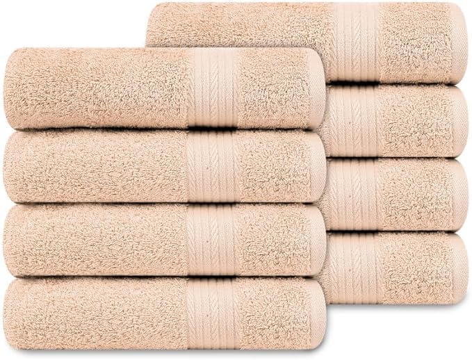 Ample Decor Hand Towel 18 X 28 Inch Pack of 8 600 GSM 100% Cotton,Oeko Tex Certified Soft Absorbent Thick Durable Premium Quality, for Hotel, Bathroom, Spa, Daily Use,Gym-Machine Washable-Beige
