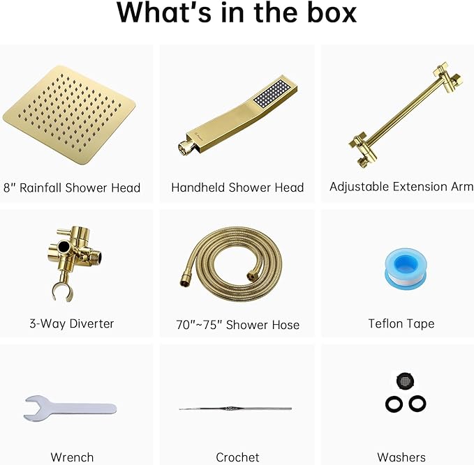 G-Promise All Metal 8 Inch Dual Square Shower Head with Handheld Spray Combo, Rain Shower Head, Adjustable Extension Arm, 3-Way Diverter, 71 Inch Extra Long Hose - A Bathroom Upgrade (Polished Brass)
