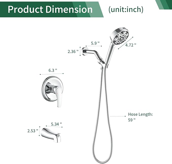 Chrome Polished Shower Faucet Set with Tub Spout, Handheld Shower Head and Trim Kit