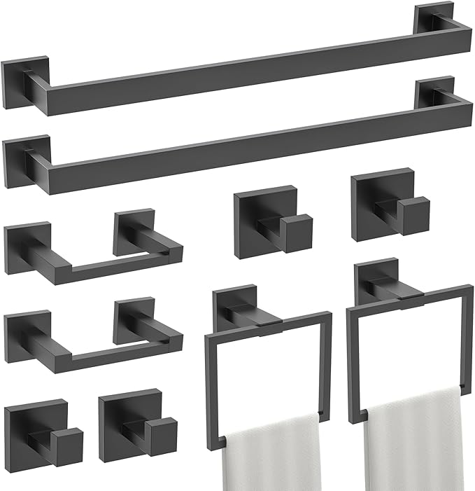 TURS 10-Piece Bathroom Hardware Accessories Set Matte Black Towel Bar Holder Set SUS304 Stainless Steel Towel Racks for Bathroom Wall Mounted, 23.6-Inch
